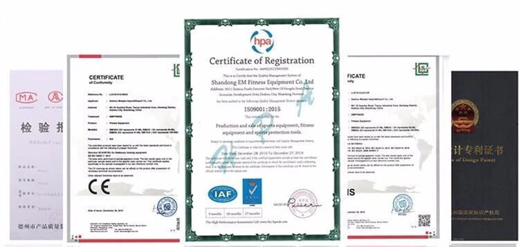 Display of various certification documents including Quality Testing Report, patent certificate, ISO9001, RoHS, CE certificates, and a Certificate of Registration from Shandong HPA Hiroses Equipment Co., Ltd. showcasing compliance with quality standards in fitness equipment.